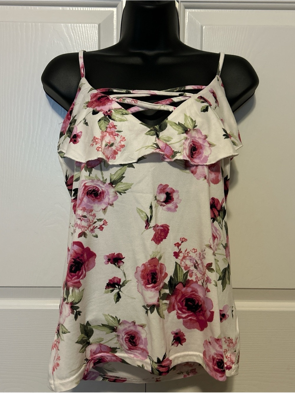 eye candy White Floral Ruffle Cami with Pink Rose Print